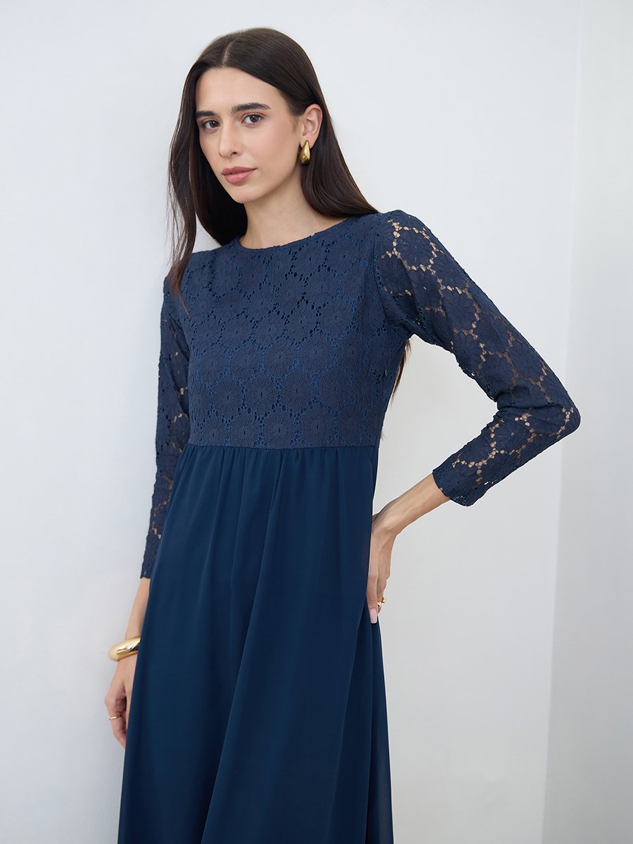 Navy Blue Lace Sleeves A-Line Maxi Dress