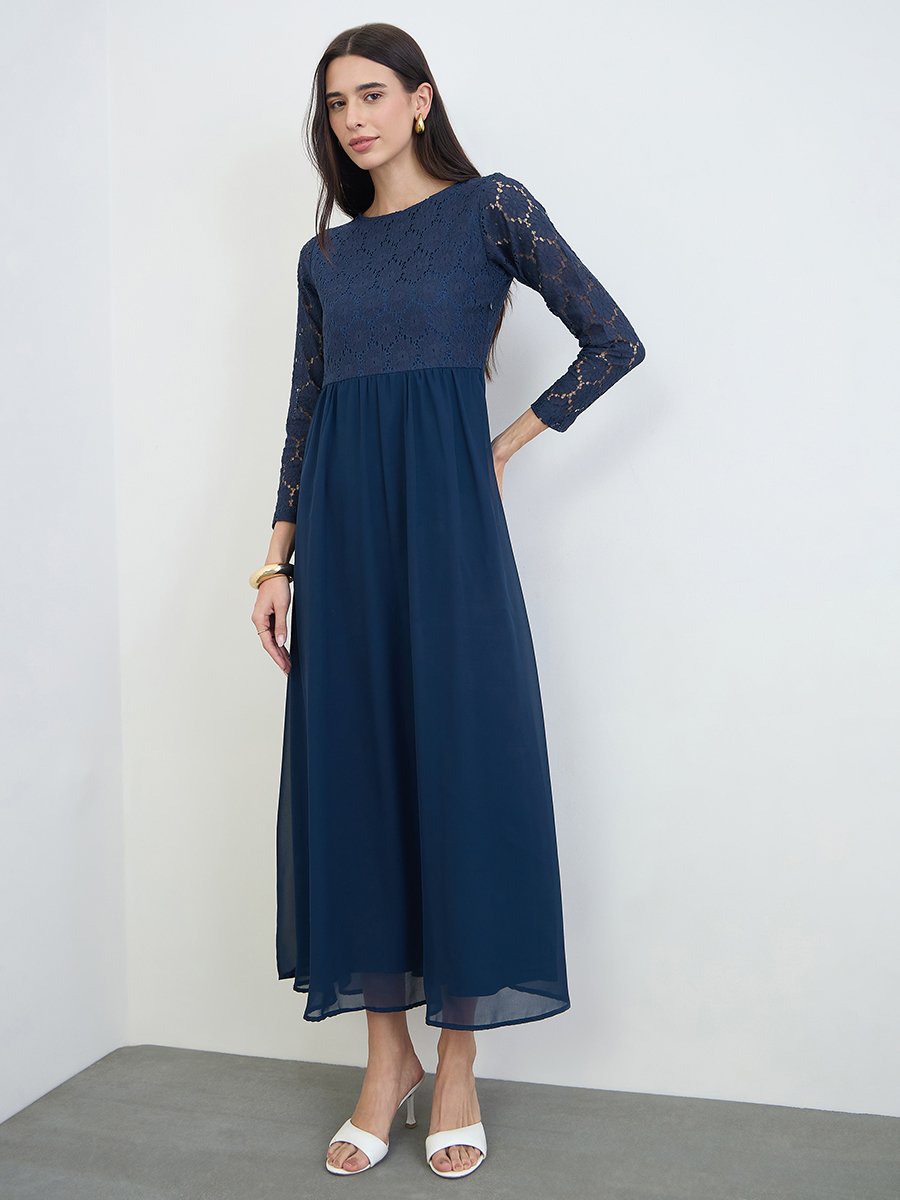Navy Blue Lace Sleeves A-Line Maxi Dress