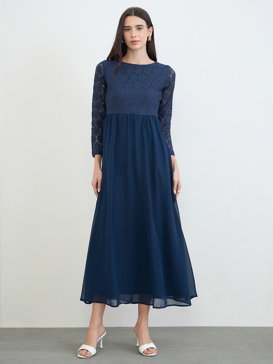 Navy Blue Lace Sleeves A-Line Maxi Dress