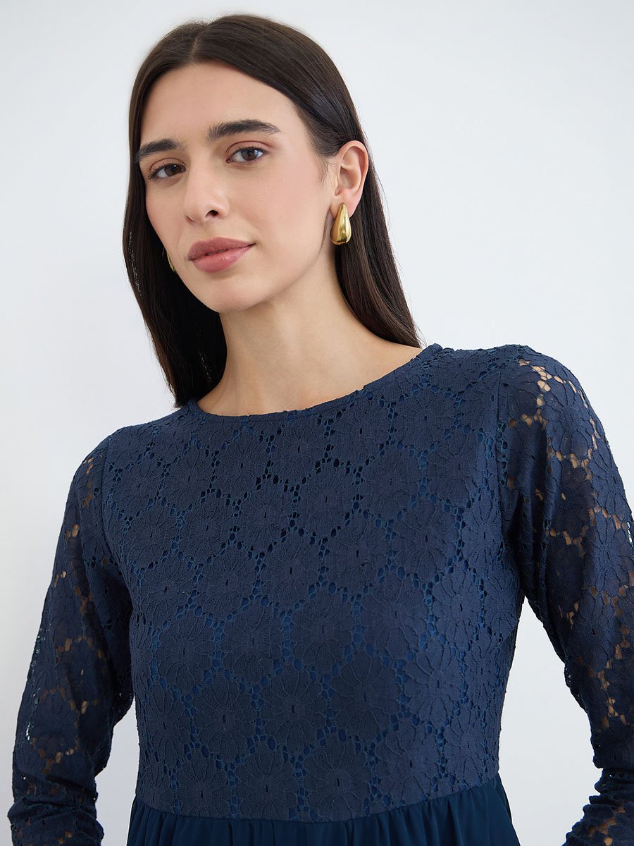 Navy Blue Lace Sleeves A-Line Maxi Dress