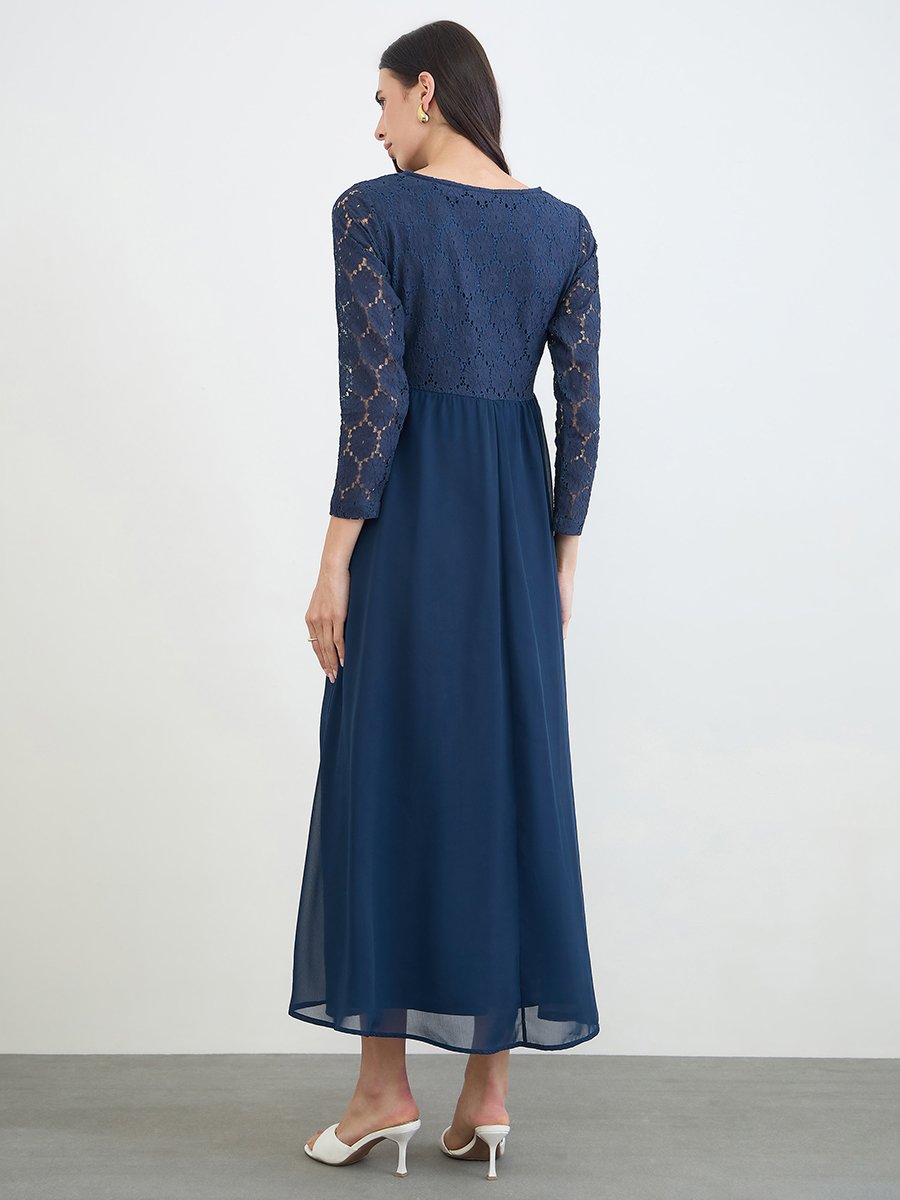 Navy Blue Lace Sleeves A-Line Maxi Dress