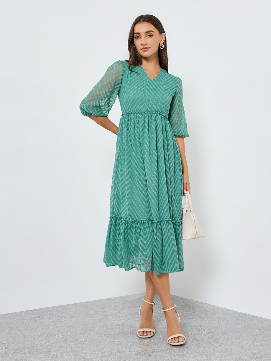 Women Green Balloon Sleeve Ruffled Hem Midi Dress