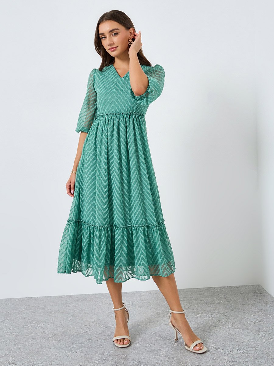 Women Green Balloon Sleeve Ruffled Hem Midi Dress