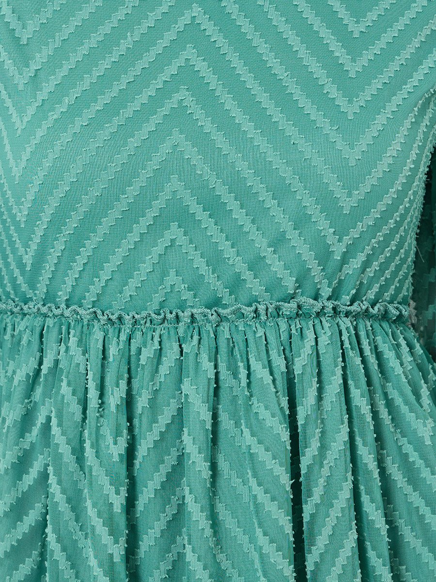 Women Green Balloon Sleeve Ruffled Hem Midi Dress
