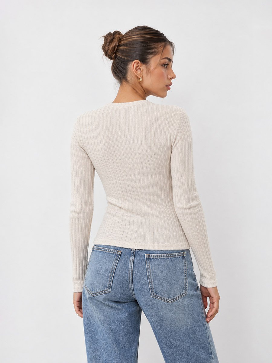 Beige Ribbed Knit Long Sleeve Top