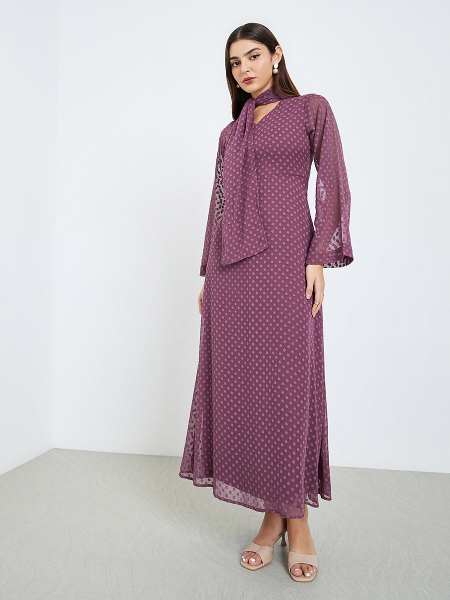 Women Lilac Textured Maxi Dress with Neck Tie Detail
