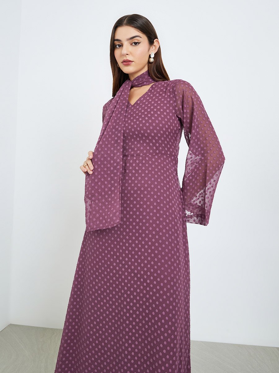 Women Lilac Textured Maxi Dress with Neck Tie Detail