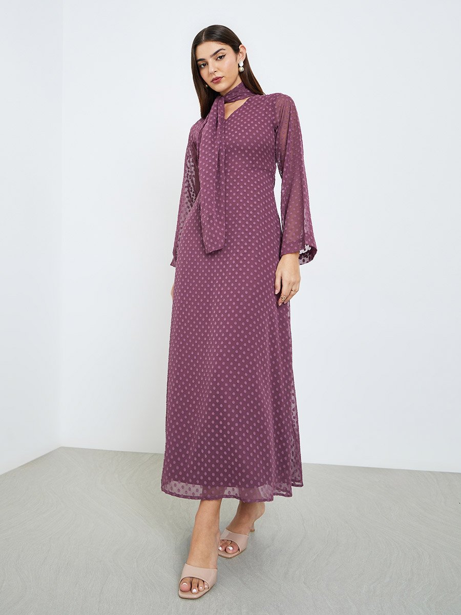 Women Lilac Textured Maxi Dress with Neck Tie Detail