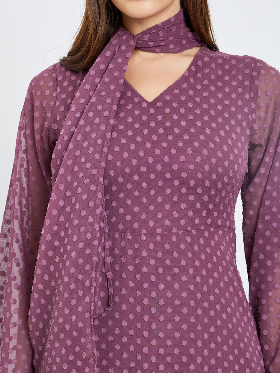 Women Lilac Textured Maxi Dress with Neck Tie Detail