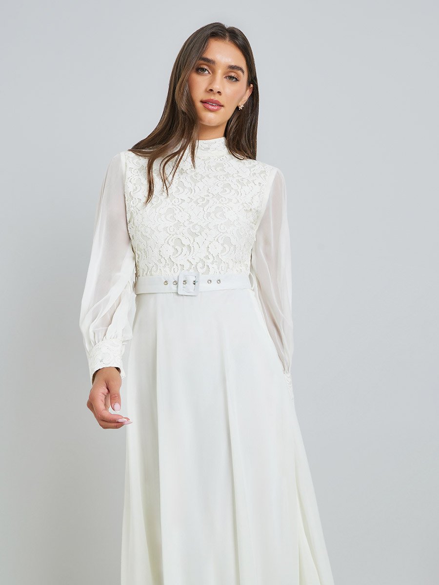 Off-White Lace Yoke Maxi Dress with Belt