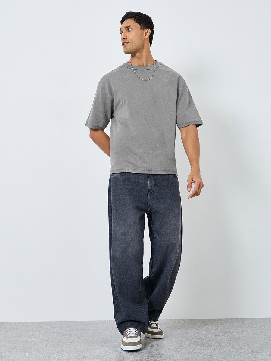Men Oversized Washed Frayed Hem Rib Terry T-Shirt