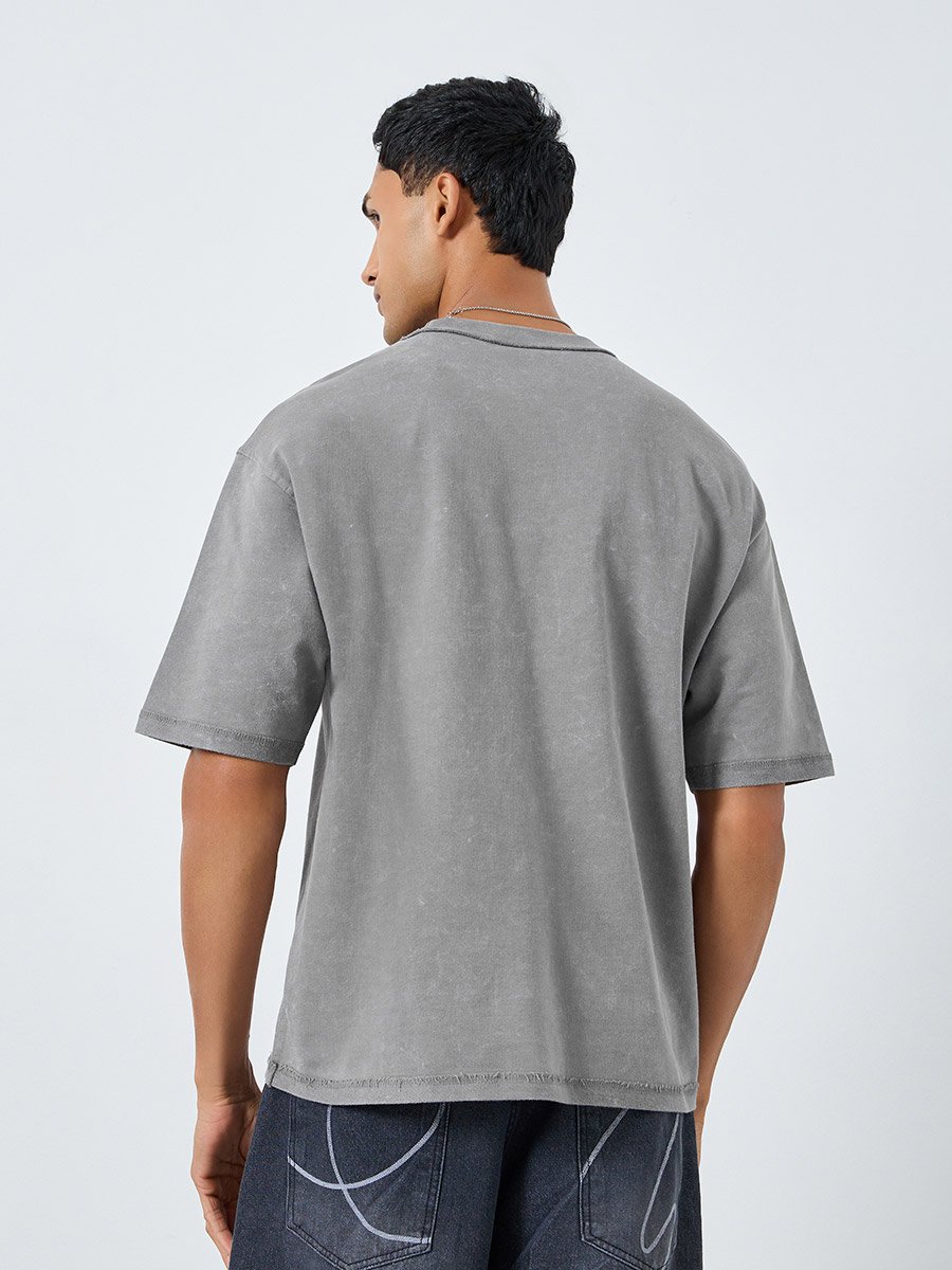 Men Oversized Washed Frayed Hem Rib Terry T-Shirt