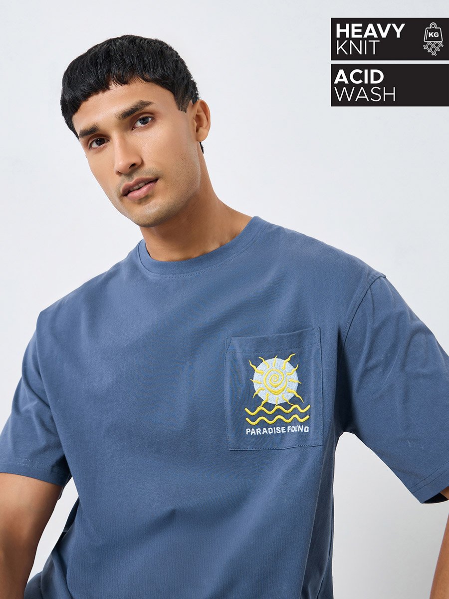 Men Blue Embroidered Oversized T-Shirt