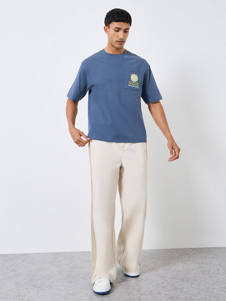 Men Blue Embroidered Oversized T-Shirt