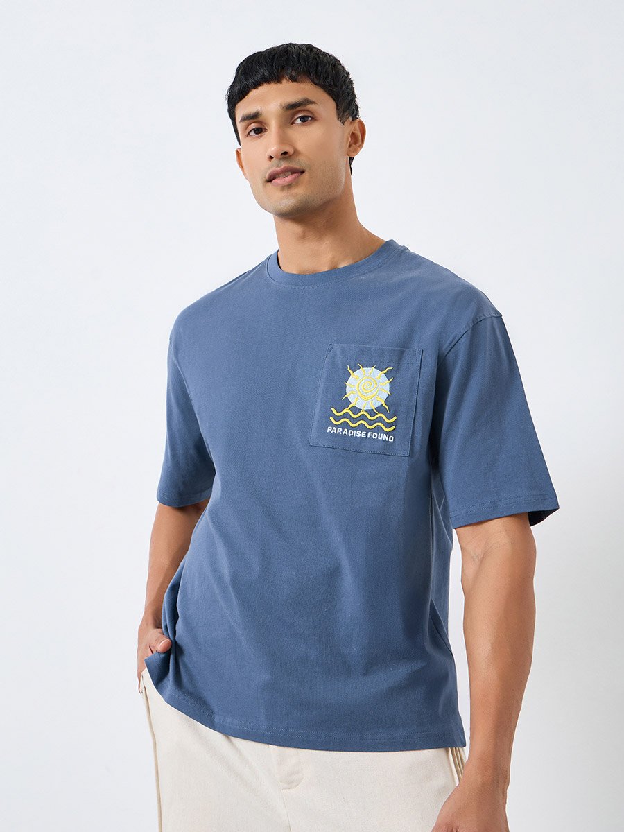 Men Blue Embroidered Oversized T-Shirt