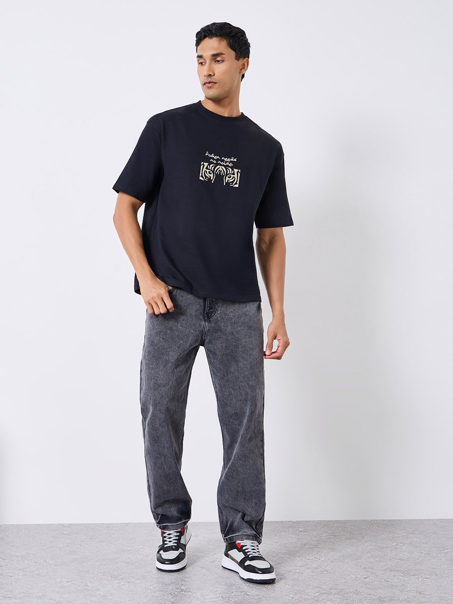 Men Black Graphic Embroidery Oversized T-Shirt