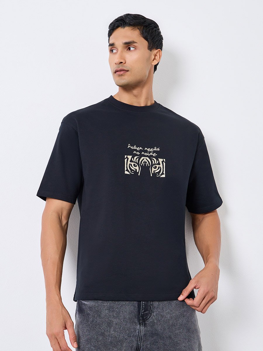 Men Black Graphic Embroidery Oversized T-Shirt