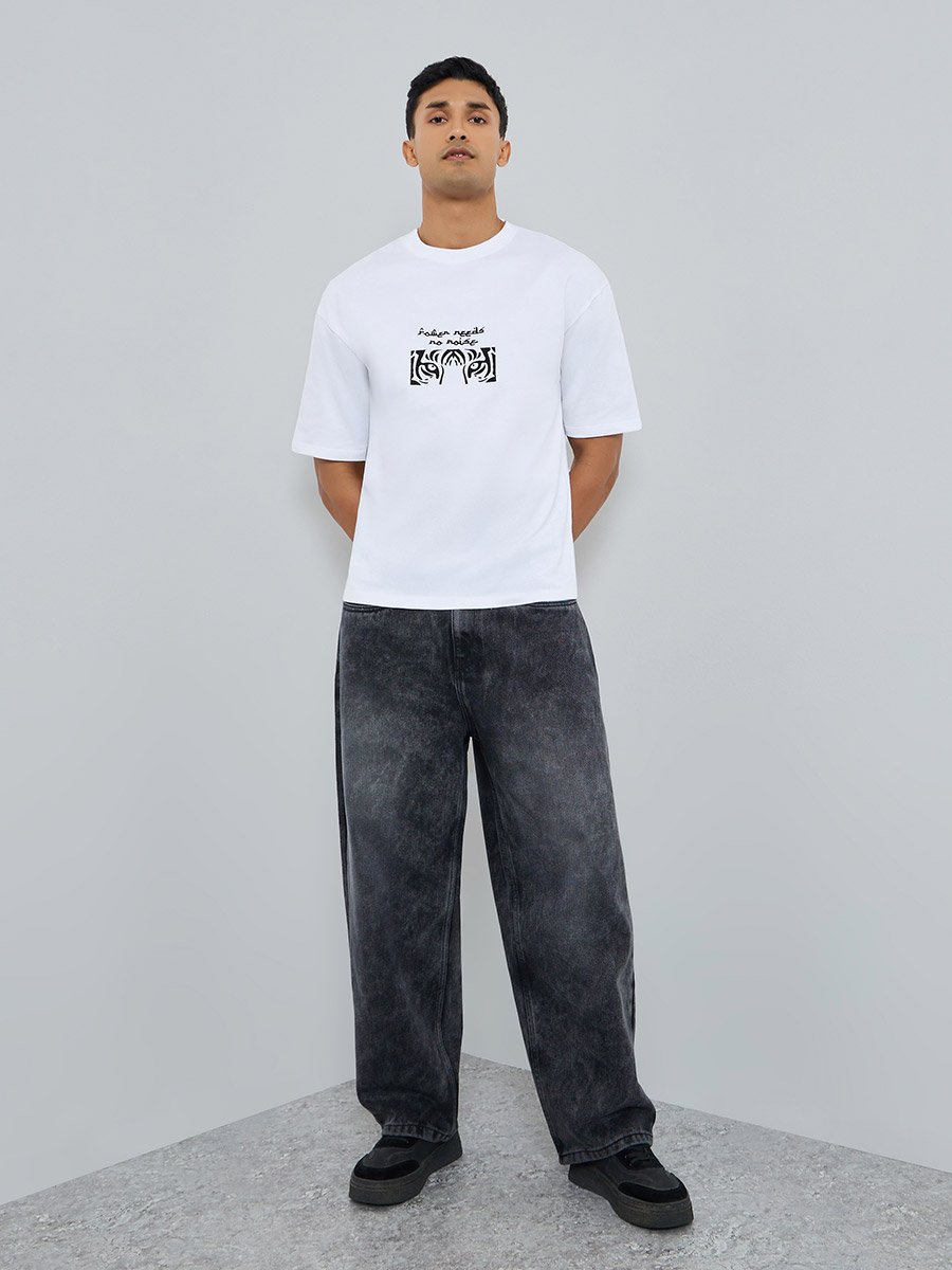 Men White Tiger Embroidery Oversized T-Shirt