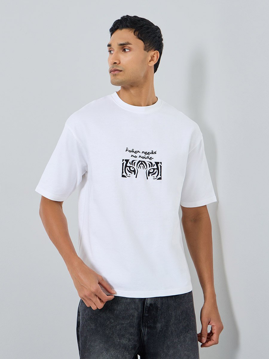 Men White Tiger Embroidery Oversized T-Shirt
