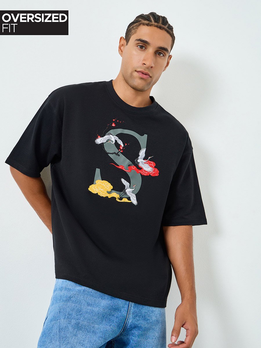 Men Black Embroidered Oversized Terry T-Shirt