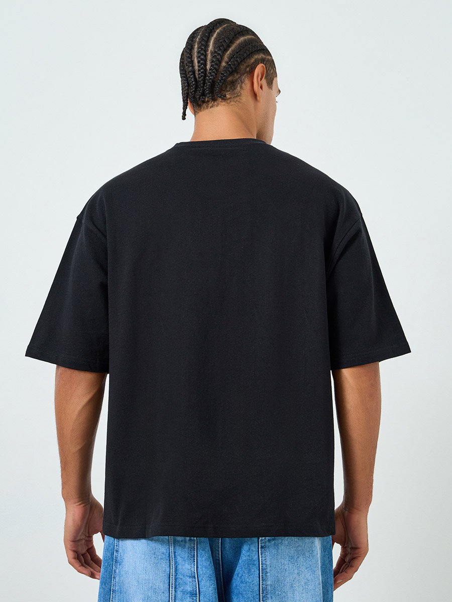 Men Black Embroidered Oversized Terry T-Shirt