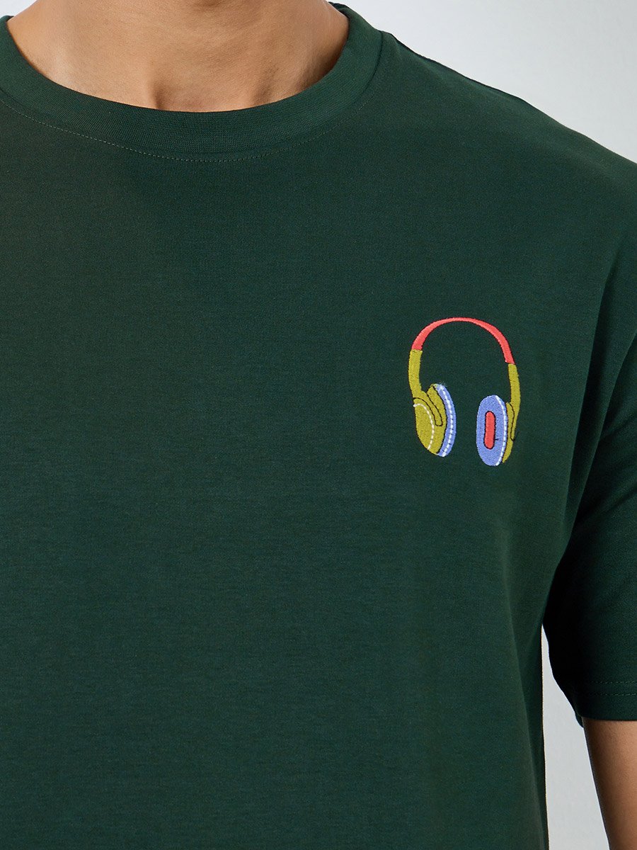Men Green Embroidered Graphic T-Shirt