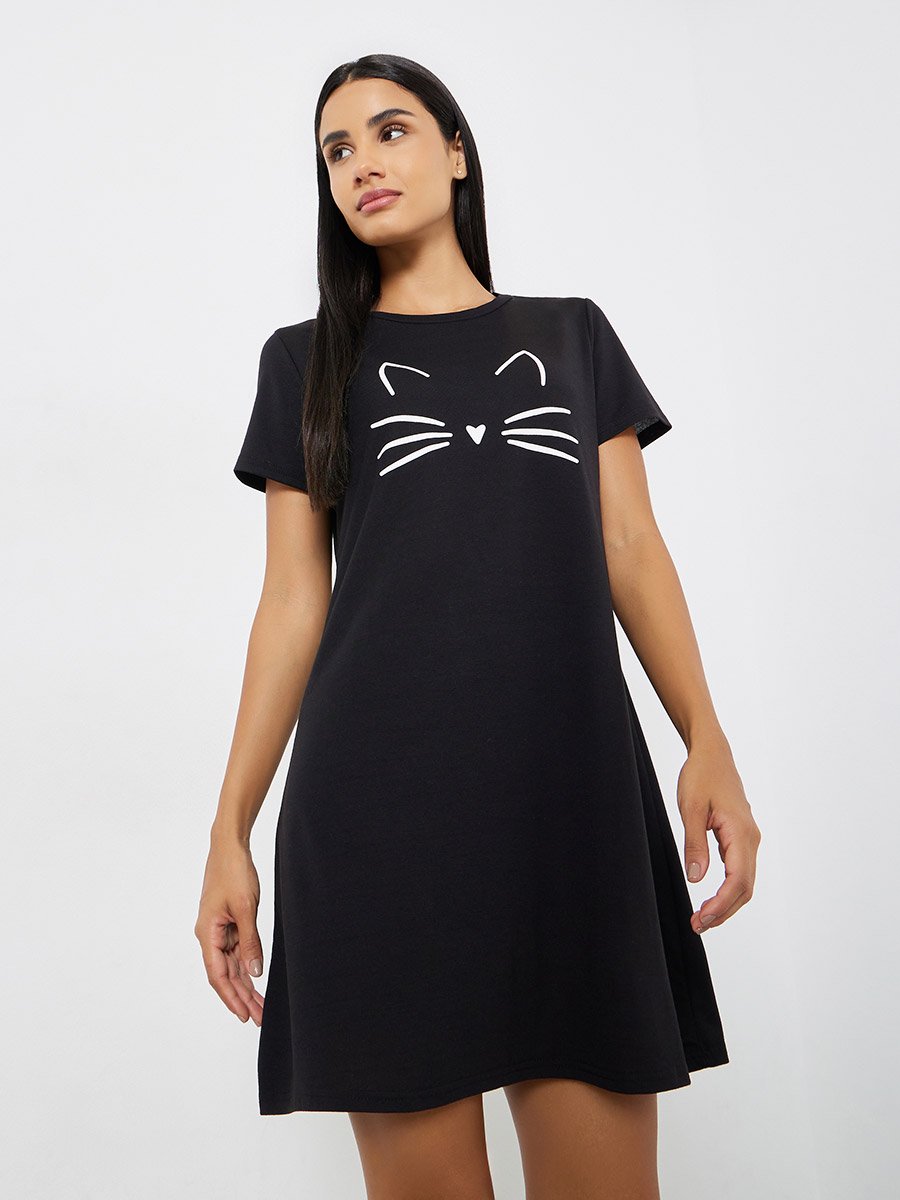 Graphic Cat Print Sleep T-Shirt Dress