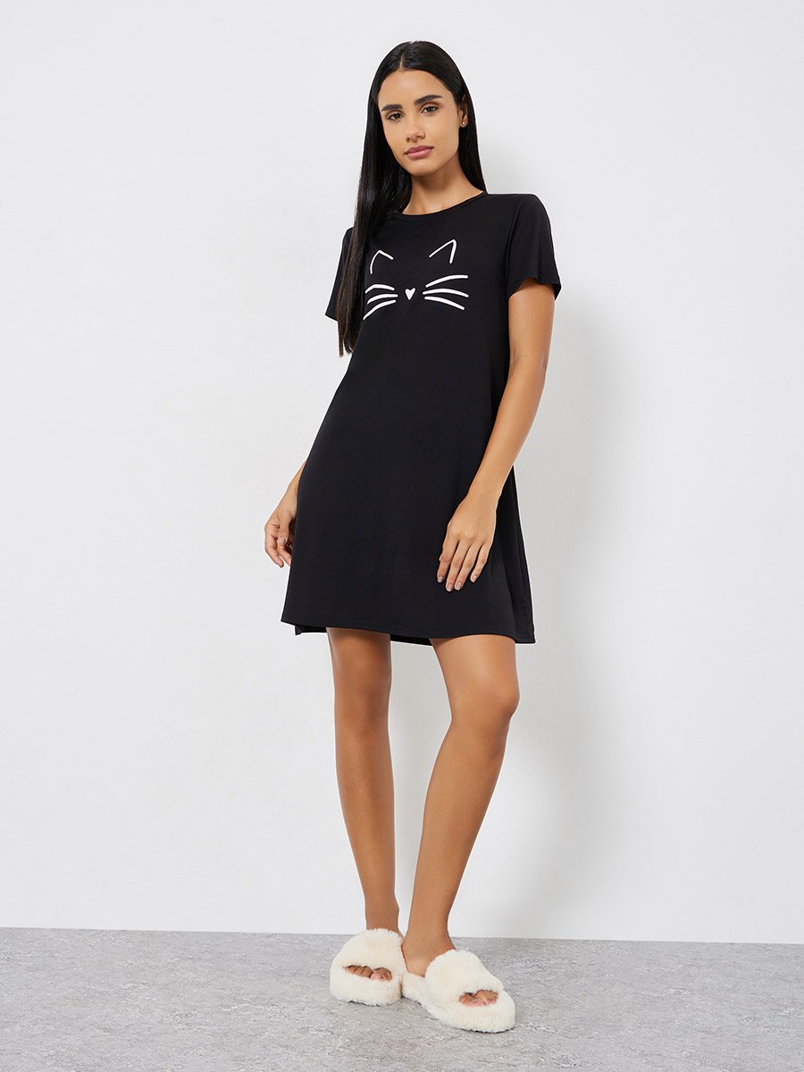 Graphic Cat Print Sleep T-Shirt Dress