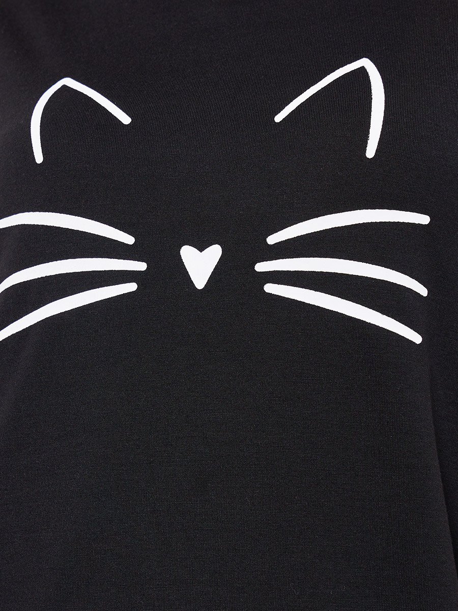 Graphic Cat Print Sleep T-Shirt Dress