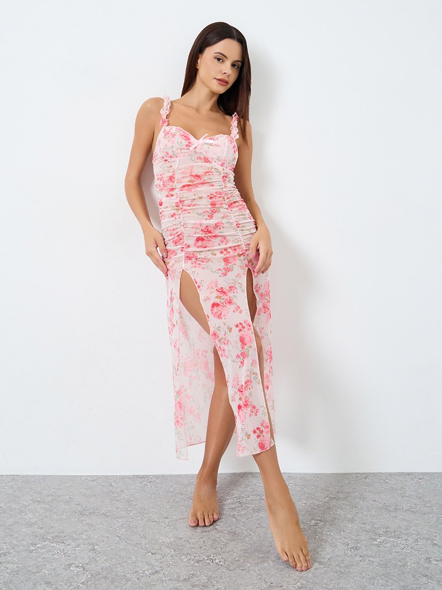 Floral Printed Flower Decoration Shoulder Straps Split Hem Sheer Babydoll