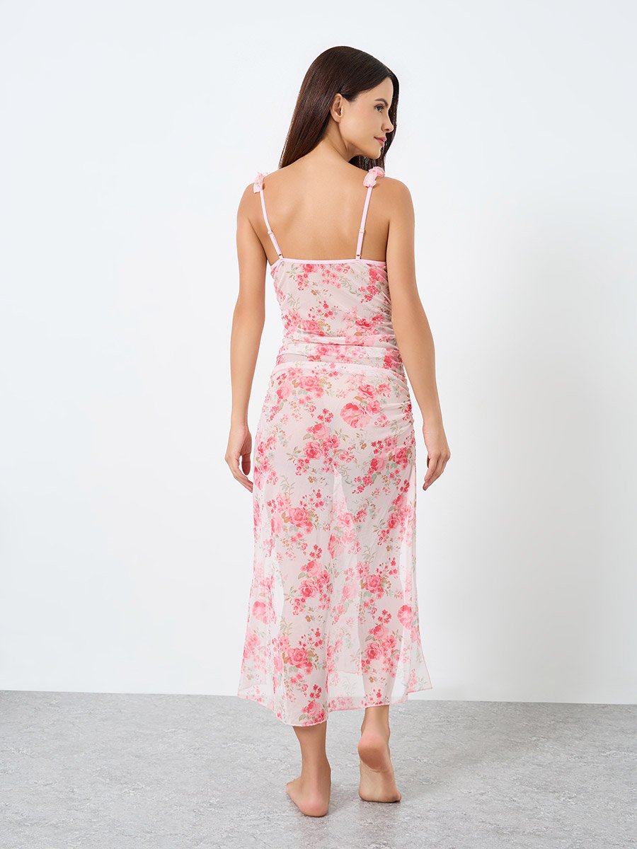 Floral Printed Flower Decoration Shoulder Straps Split Hem Sheer Babydoll
