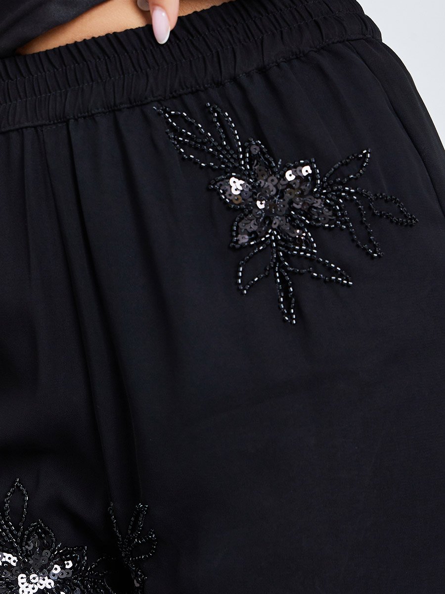 Black Embellished Sheer Wide Leg Trousers