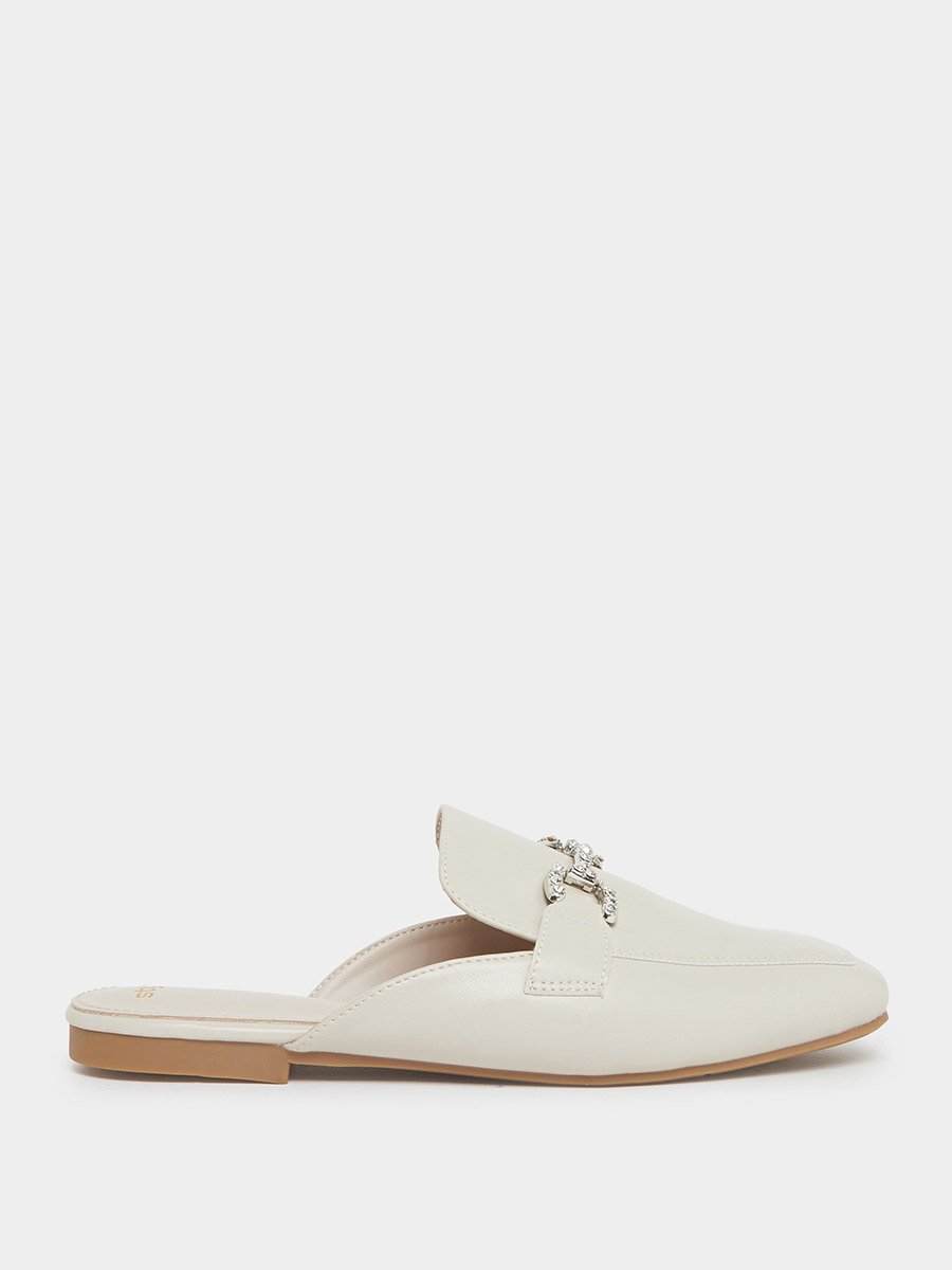 Beige Embellished Flat Mules