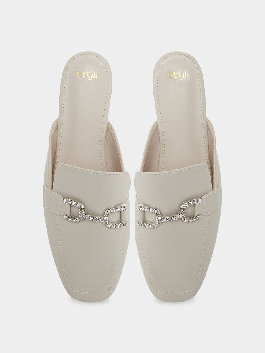 Beige Embellished Flat Mules