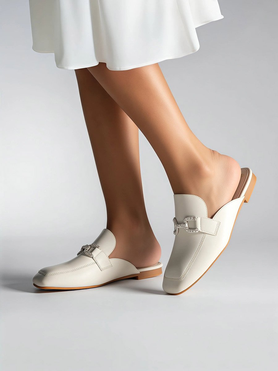 Beige Embellished Flat Mules