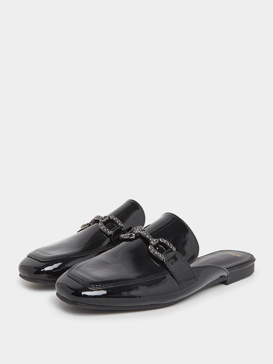 Black Patent Buckle Detail Mules