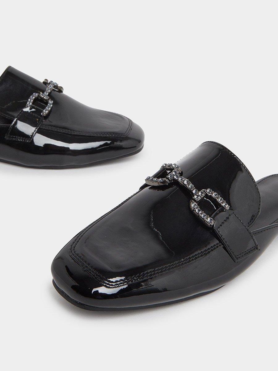 Black Patent Buckle Detail Mules