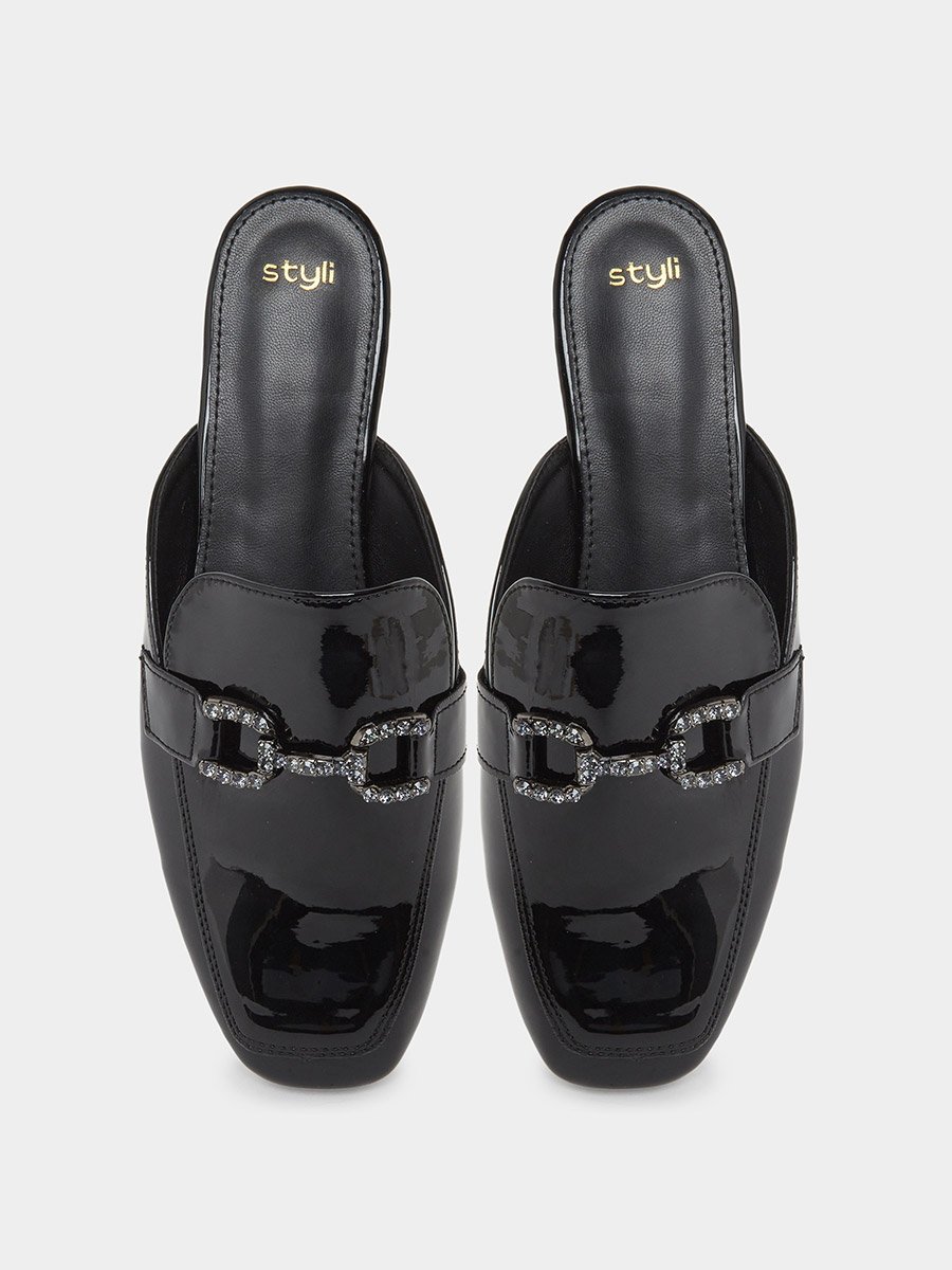 Black Patent Buckle Detail Mules