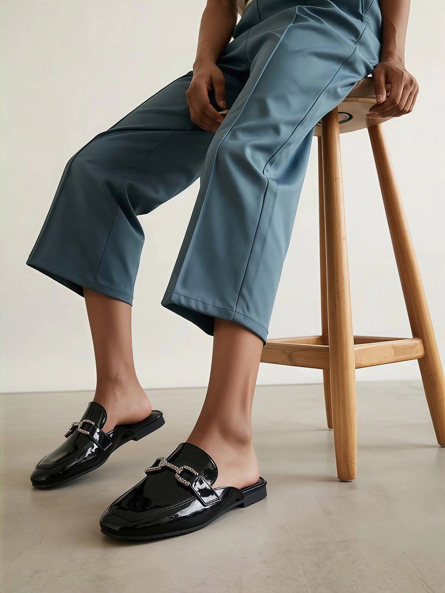 Black Patent Buckle Detail Mules