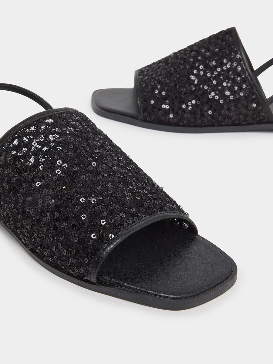 Black Sequin Flat Sandals