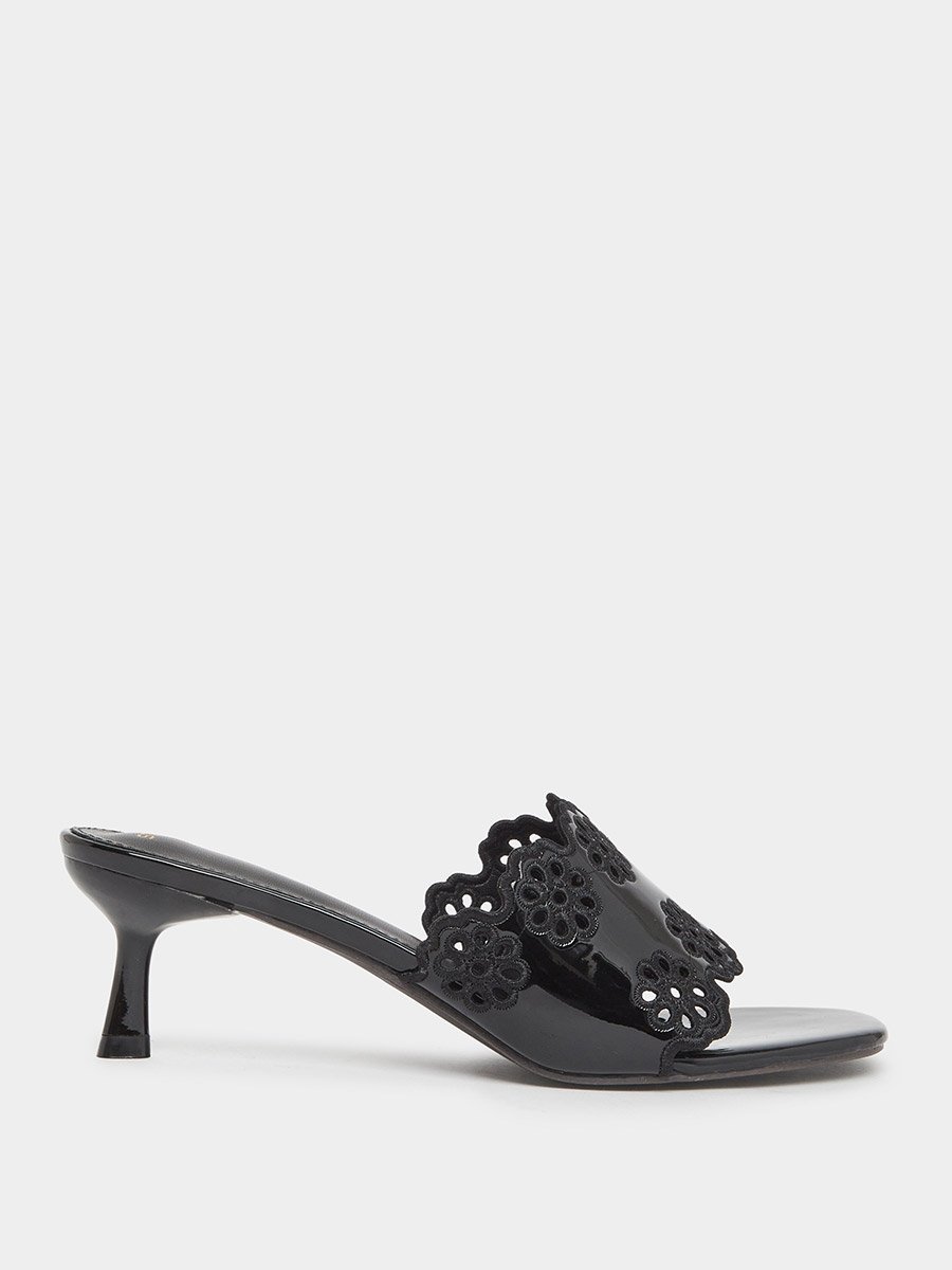 Black Floral Cutout Kitten Heel Sandals