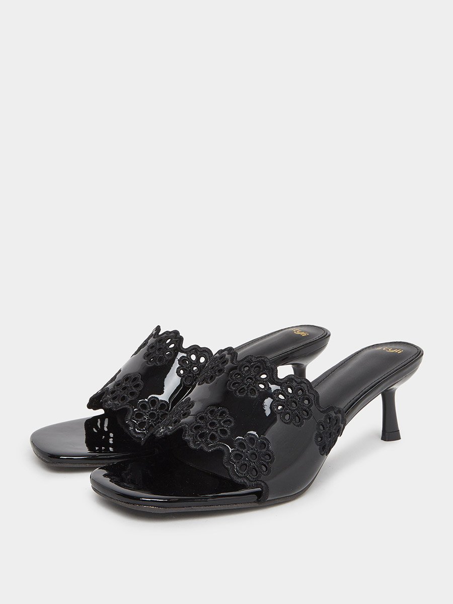 Black Floral Cutout Kitten Heel Sandals