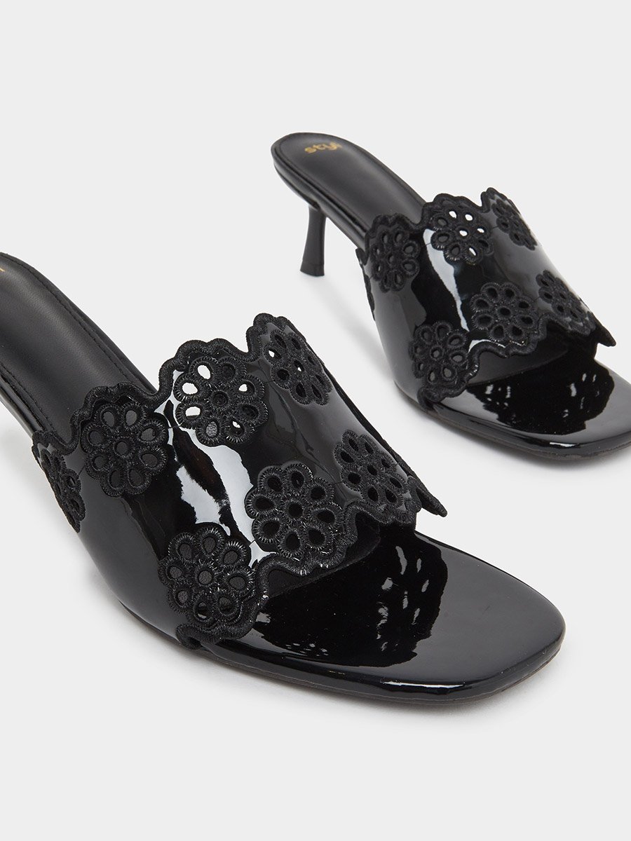 Black Floral Cutout Kitten Heel Sandals