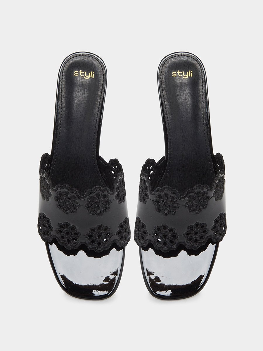 Black Floral Cutout Kitten Heel Sandals