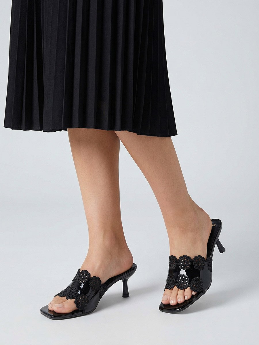 Black Floral Cutout Kitten Heel Sandals