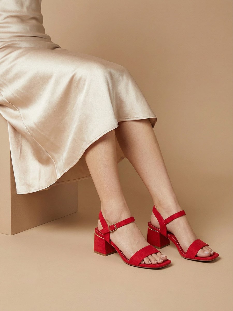 Red Suede Block Heel Sandals