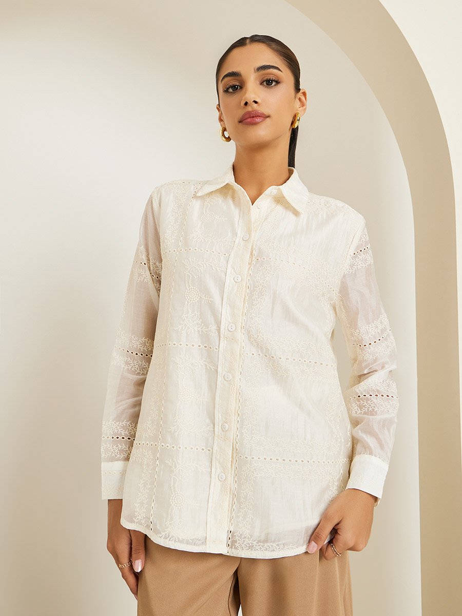 Women Off White Floral Embroidered Shirt
