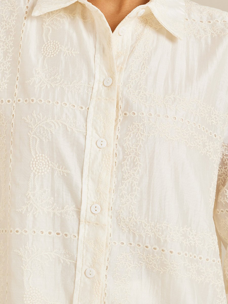 Women Off White Floral Embroidered Shirt