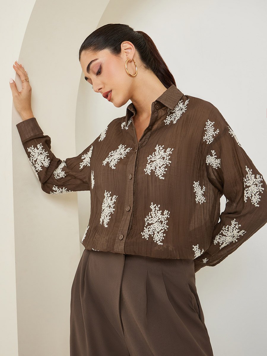 Women Brown Embroidered Long Sleeve Shirt