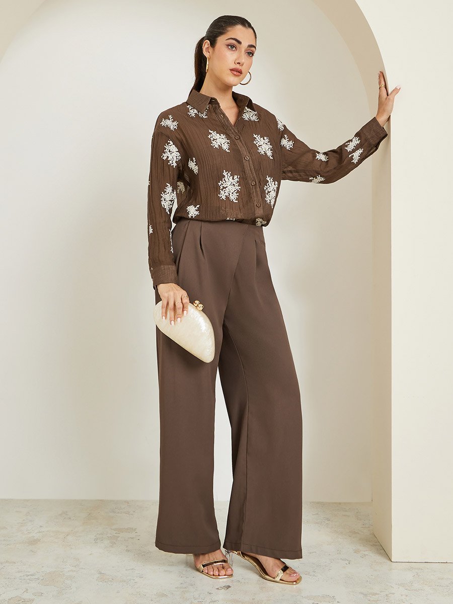 Women Brown Embroidered Long Sleeve Shirt